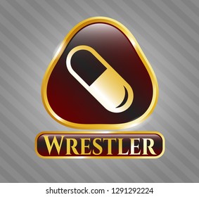  Golden emblem or badge with pill icon and Wrestler text inside