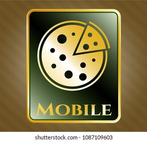   Golden emblem or badge with pizza icon and Mobile text inside