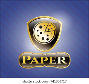  Golden emblem or badge with pizza icon and Paper text inside