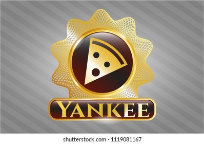  Golden emblem or badge with pizza slice icon and Yankee text inside