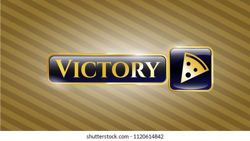  Golden emblem or badge with pizza slice icon and Victory text inside