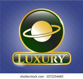  Golden emblem or badge with planet, saturn icon and Luxury text inside
