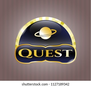  Golden emblem or badge with planet, saturn icon and Quest text inside