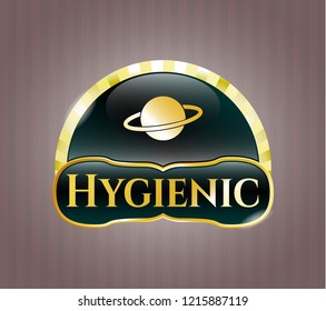  Golden emblem or badge with planet, saturn icon and Hygienic text inside