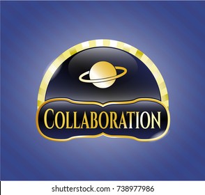  Golden emblem or badge with planet, saturn icon and Collaboration text inside