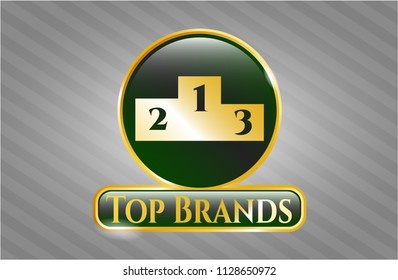 Golden emblem or badge with podium icon and Top Brands text inside