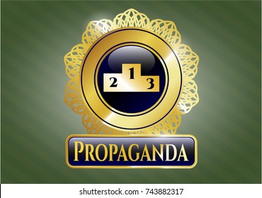  Golden emblem or badge with podium icon and Propaganda text inside