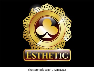  Golden emblem or badge with poker clover icon and Esthetic text inside