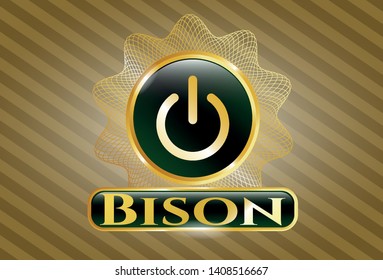  Golden emblem or badge with power icon and Bison text inside