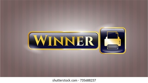  Golden emblem or badge with printer icon and Winner text inside