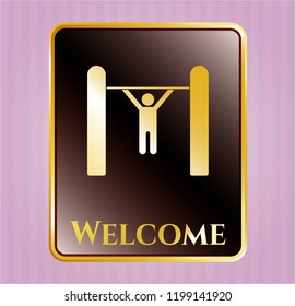   Golden emblem or badge with pull up icon and Welcome text inside