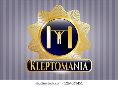  Golden emblem or badge with pull up icon and Kleptomania text inside