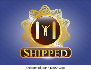  Golden emblem or badge with pull up icon and Shipped text inside