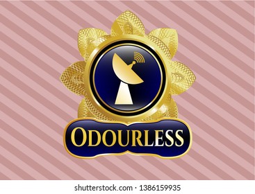  Golden emblem or badge with radar icon and Odourless text inside