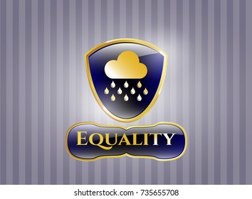  Golden emblem or badge with rain icon and Equality text inside