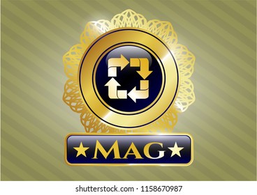  Golden emblem or badge with recycle icon and Mag text inside