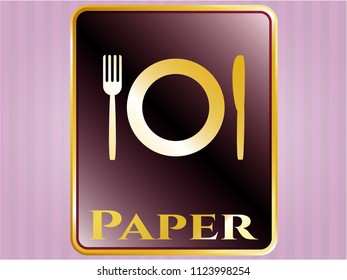  Golden emblem or badge with restaurant icon and Paper text inside