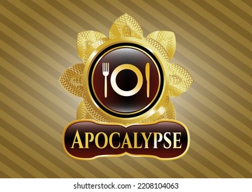 Golden emblem or badge with restaurant icon and Apocalypse text inside