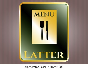  Golden emblem or badge with restaurant menu icon and Latter text inside