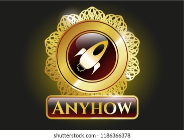  Golden emblem or badge with rocket icon and Anyhow text inside