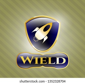  Golden emblem or badge with rocket icon and Wield text inside