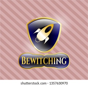  Golden emblem or badge with rocket icon and Bewitching text inside