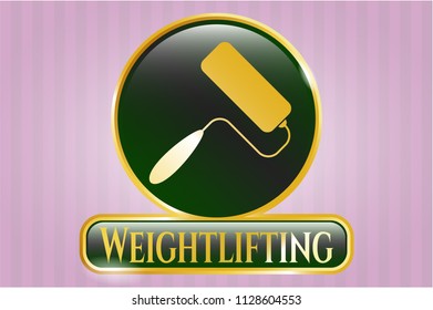  Golden emblem or badge with roller brush icon and Weightlifting text inside