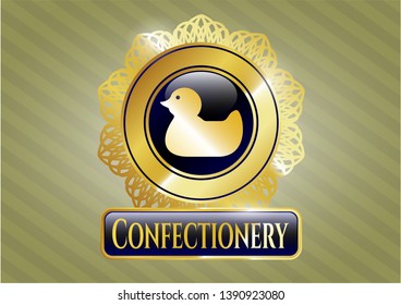  Golden emblem or badge with rubber duck icon and Confectionery text inside