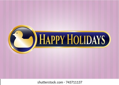  Golden emblem or badge with rubber duck icon and Happy Holidays text inside