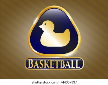  Golden emblem or badge with rubber duck icon and Basketball text inside