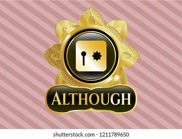  Golden emblem or badge with safe, safety deposit box icon and Although text inside