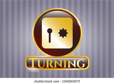  Golden emblem or badge with safe, safety deposit box icon and Turning text inside