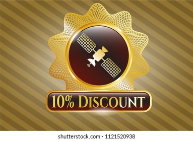  Golden emblem or badge with satelite icon and 10% Discount text inside