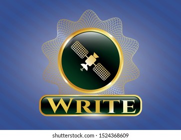  Golden emblem or badge with satelite icon and Write text inside