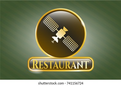  Golden emblem or badge with satelite icon and Restaurant text inside