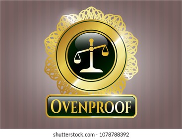   Golden emblem or badge with scale icon and Ovenproof text inside