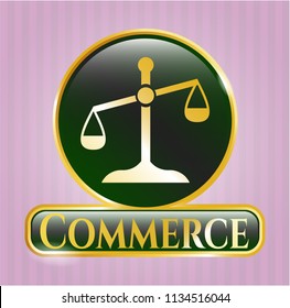  Golden emblem or badge with scale icon and Commerce text inside