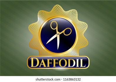  Golden emblem or badge with scissors icon and Daffodil text inside