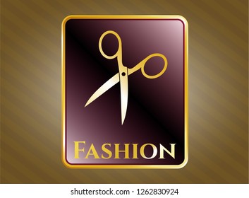  Golden emblem or badge with scissors icon and Fashion text inside