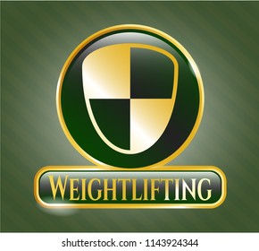  Golden emblem or badge with shield, safety icon and Weightlifting text inside
