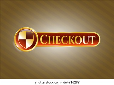  Golden emblem or badge with Shield (Safety) icon and Checkout text inside