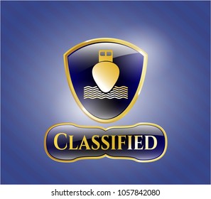  Golden emblem or badge with ship icon and Classified text inside