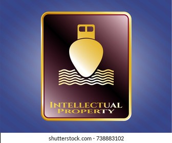  Golden emblem or badge with ship icon and Intellectual property text inside