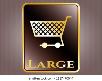  Golden emblem or badge with shopping cart icon and Large text inside