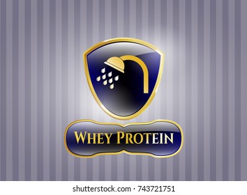  Golden emblem or badge with shower icon and Whey Protein text inside