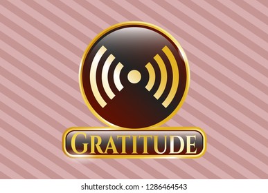 Golden emblem or badge with signal icon and Gratitude text inside