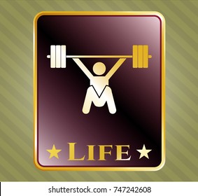  Golden emblem or badge with snatch, weightlifting icon and Life text inside