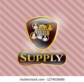  Golden emblem or badge with social network icon and Supply text inside