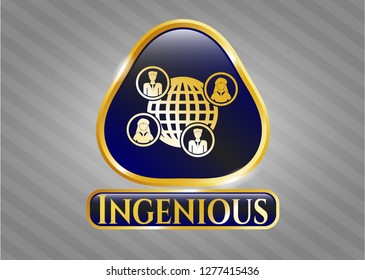  Golden emblem or badge with social network icon and Ingenious text inside