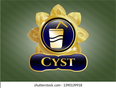  Golden emblem or badge with soda icon and Cyst  text inside